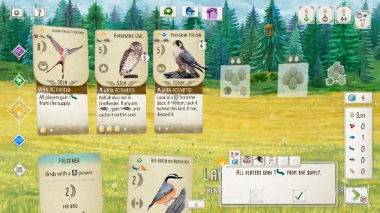 steam sale board games - a screenshot of the digital version of wingspan, with bird cards and a forest background.