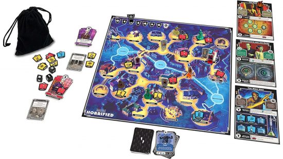 Best coop board games guide - publisher sales image showing the board and pieces for the Horrified board game in play