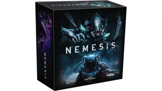 Best coop board games guide - publisher sales image showing the Nemesis board game box art with an alien