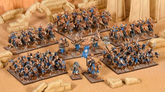 Best miniature wargames - Kings of War, a photo by Mantic Games of a model army, ranks of skeletons and mummies from the Undying Dynasties army