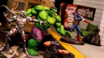 Best miniature wargames - Marvel Crisis Protocol, photo by Atomic Mass Games of models for The Hulk, Captain America and Ultron