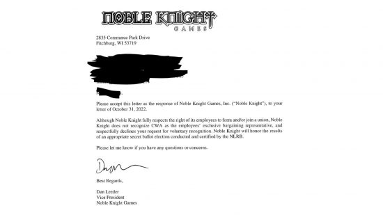 A letter from game store Noble Knight Games leadership formally declining to recognise a union.