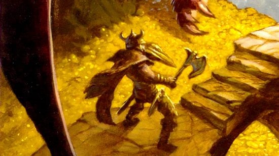 DnD classes 5e guide - Wizards of the Coast artwork showing a barbarian character armed with an axe and shield, wearing a horned helmet, in a dungeon filled with gold
