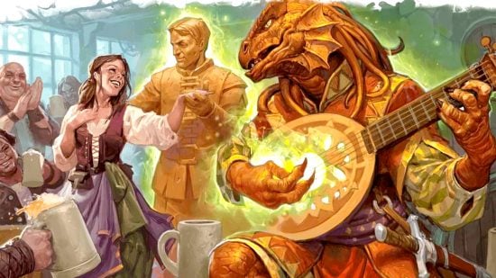 DnD classes 5e guide - Wizards of the Coast artwork showing a Bard Dragonborn character playing a magical song on their lute, while tavern patrons dance behind them