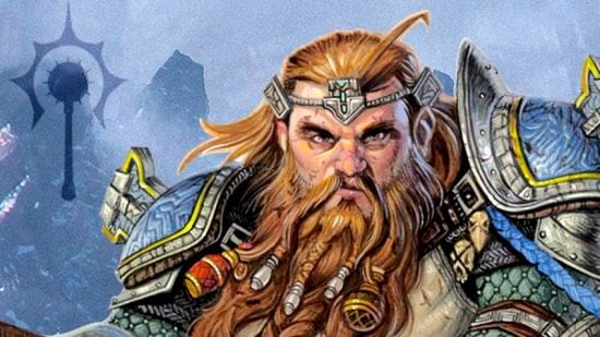 DnD classes 5e guide - Wizards of the Coast artwork showing a Cleric dwarf character in heavy armour, wearing a circlet over their ginger hair and with a long, braided beard