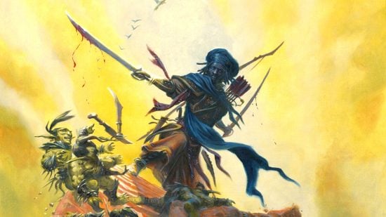 DnD classes 5e guide - Wizards of the Coast artwork showing a Monk character wielding dual swords, battling goblins
