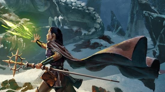 DnD classes 5e guide - Wizards of the Coast artwork showing a Sorcerer character casting a spell from one hand, wielding a magic staff in the other hand