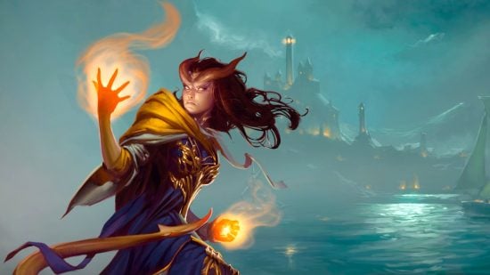 DnD classes 5e guide - Wizards of the Coast artwork showing a Warlock Tiefling character with fire magic in both hands, with a body of water and an island castle in the background
