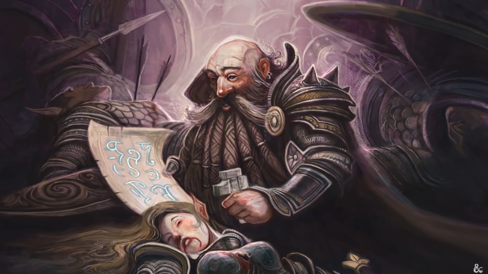 DnD Cleric 5e artwork showing a dwarf healing someone with a scroll (art by Wizards of the Coast)