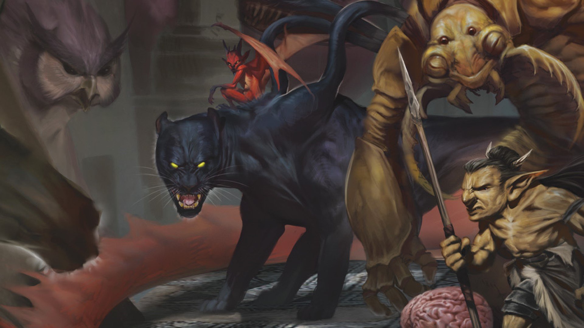 DnD Displacer Beast 5e surrounded by other monsters (art by Wizards of the Coast)