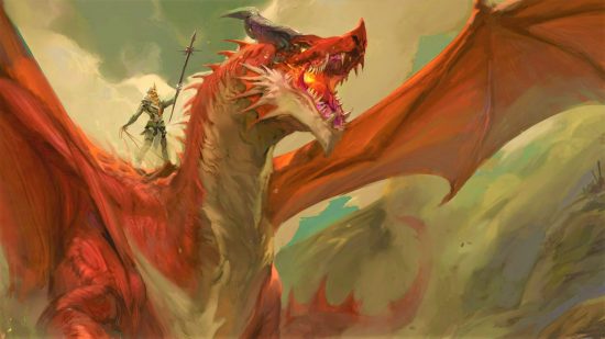 DnD Dragonlance 5e war - Wizards of the Coast art of the dragon queen riding a red dragon