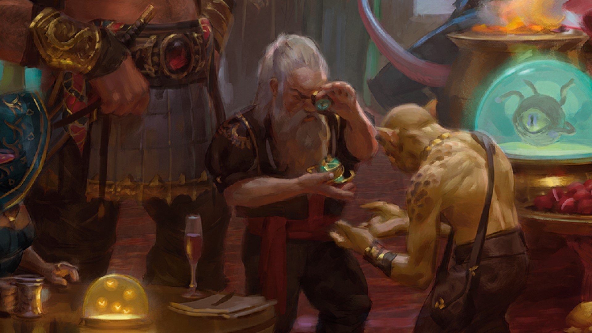 DnD dwarf 5e appraising a jewel for a goblin (art by Wizards of the Coast)