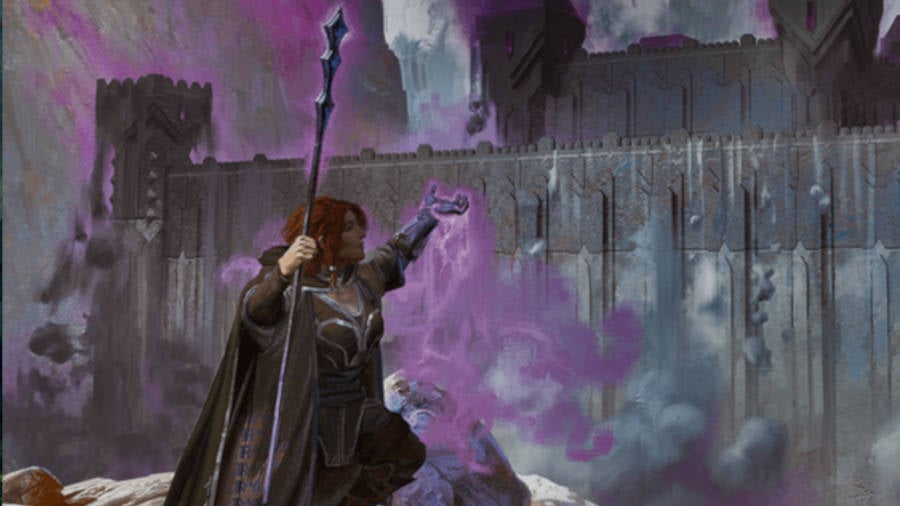 DnD dwarf 5e casting shadow magic on a fortress (art by Wizards of the Coast)