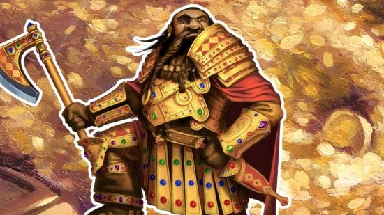 DnD dwarf 5e wearing gold armour (art by Wizards of the Coast)