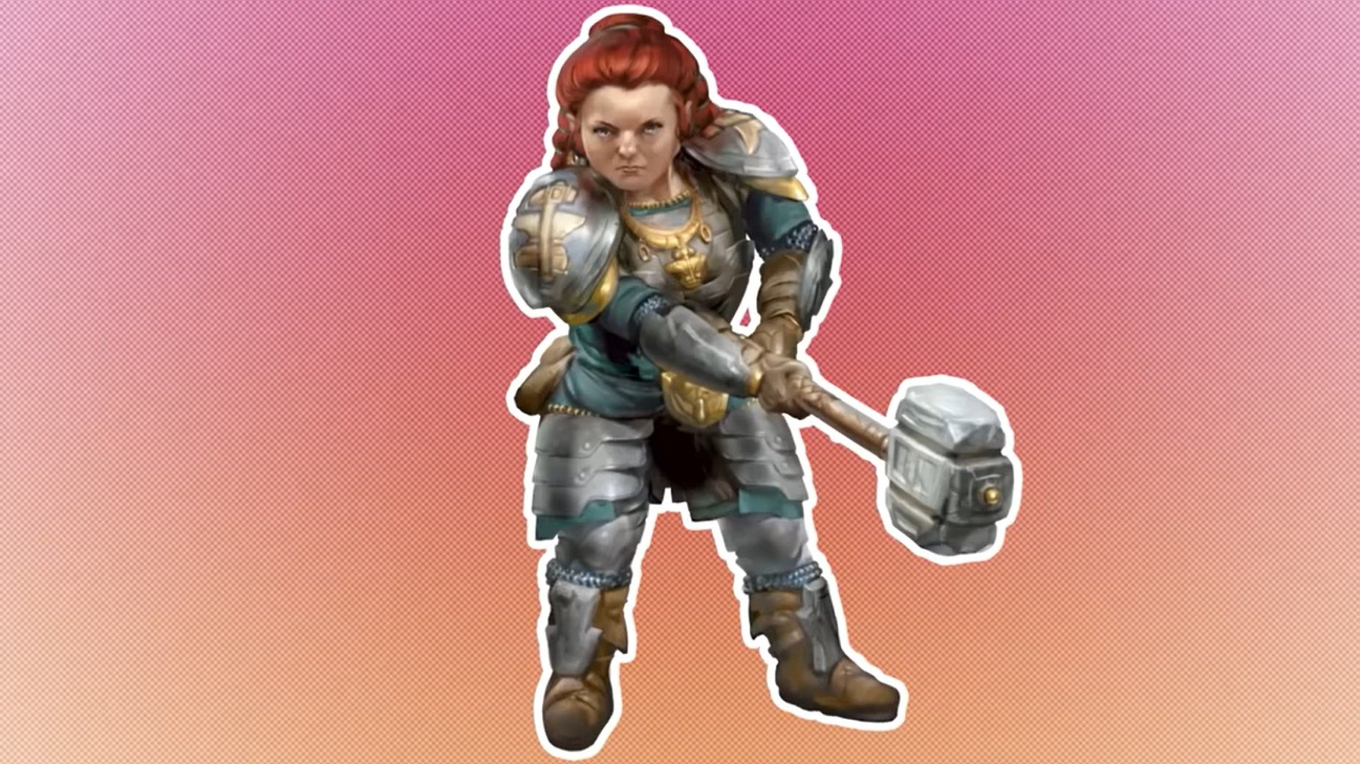 DnD dwarf 5e woman with red hair and a hammer