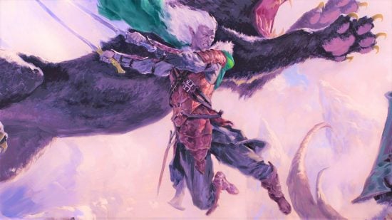 DnD Fly 5e - Wizards of the Coast art of drow Ranger Drizzt leaping through the air