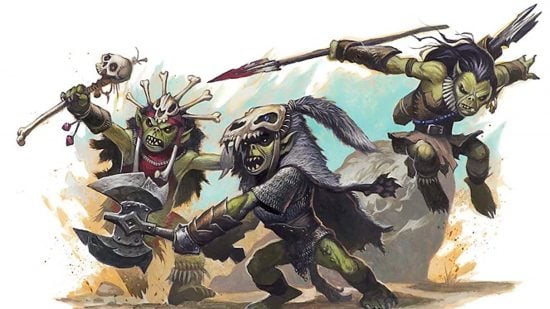 DnD Goblin 5e race guide - Wizards of the Coast artwork showing three attacking goblins from DnD 4e