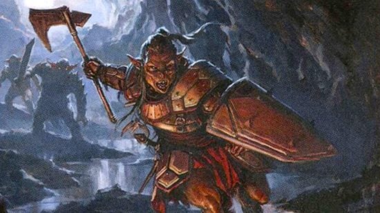 DnD Hobgoblin 5e race guide - Wizards of the Coast artwork showing a hobgoblin captain with a hand axe in a cave