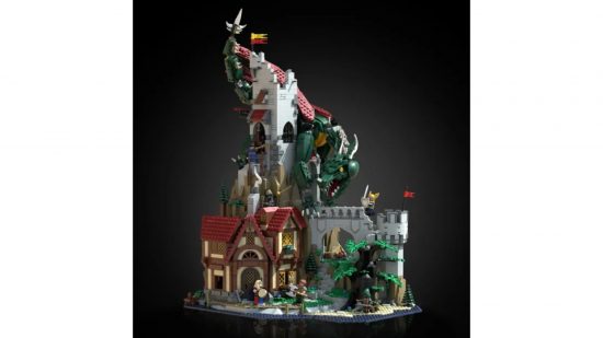 Lego DnD - a lego kit of a D&D scene including a dragon and a fantasy town