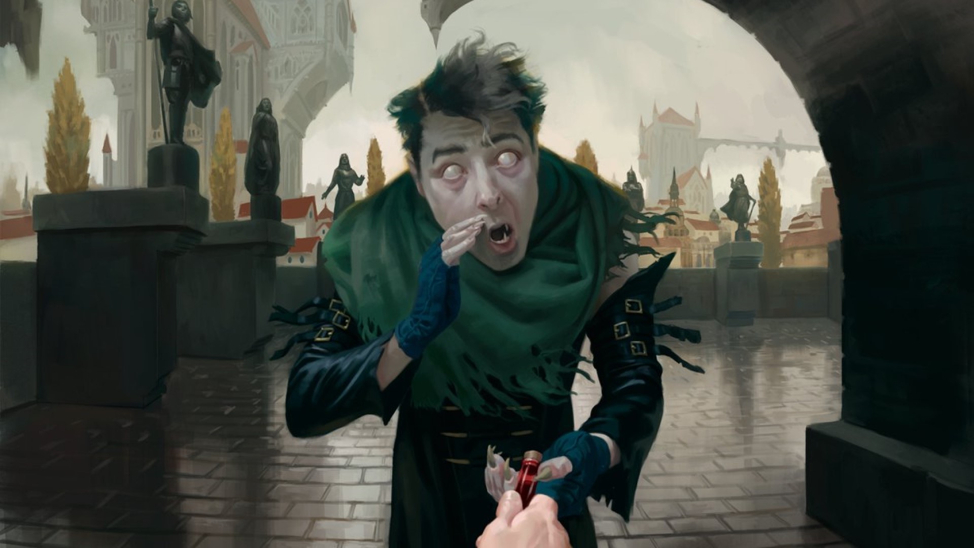 DnD message 5e - a person whispering with blank eyes- from the MTG card whispering snitch Illustrated by Jason Rainville