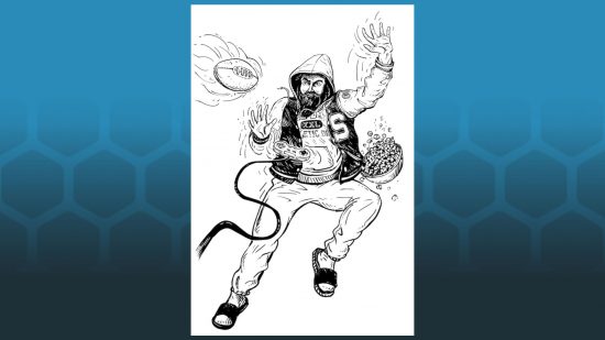 DnD rulebook parody diapers and daycares - publisher drawing showing the Time Traveller class - a man wearing a hoody manipulating objects with mind powers
