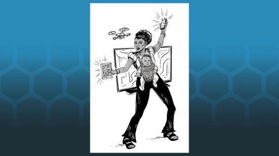 DnD rulebook parody diapers and daycares - publisher drawing of the cyborg class - a woman with a TV backpack, a drone, and a smartphone