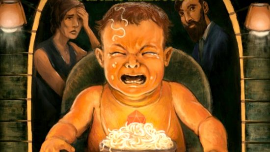 DnD rulebook parody diapers and daycares - publisher photo of the book's front cover, showing a screaming baby at mealtime, with two sad parents behind