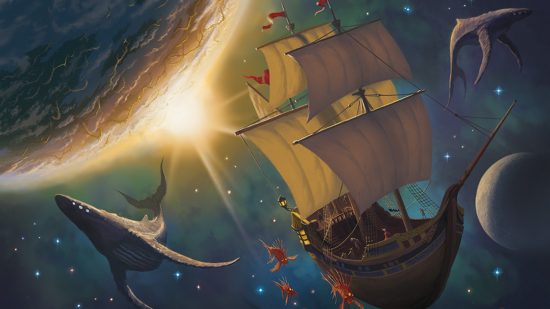 DnD Spelljammer artwork showing a ship sailing through space besides a whale, with a sun shining behind a planet nearby.