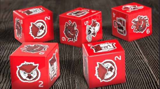 DnD Yahtzee dice featuring beholder, and owlbear monsters on the dice faces.