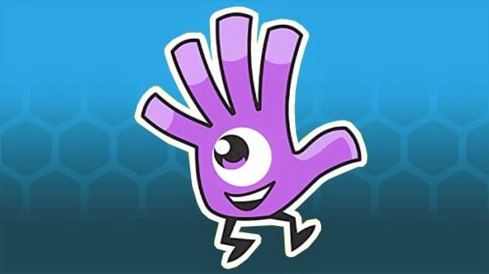 Family card games - purple hand Dobble mascot on blue background