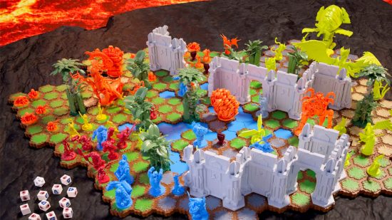 Heroscape board game Age of Annihilation crowdfunding target - Avalon Hill image showing the terrain, minis, and dice for the game setup
