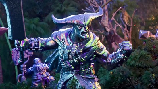 Heroscape board game Age of Annihilation crowdfunding target - Avalon Hill trailer screenshot showing a big horned hero roaring