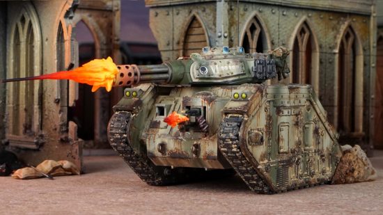 Imperial Guard bits kickstarter from SFX artist - Photo by Deadly Print Studio showing Leman Russ Battle tank model with muzzle flare special effects