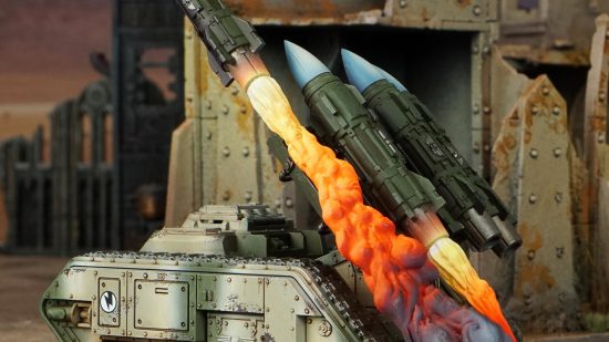 Imperial Guard bits Kickstarter from SFX artist - Photo by Deadly Print Studio showing Manticore missile tank model with rocket backblast effect
