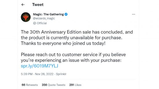 MTG 30th anniversary edition - Wizards' tweet announcing the end of its sale