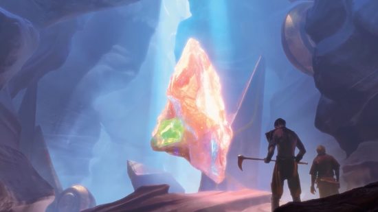 MTG Brothers War - Urza and Mishra from The Brothers War discovering a giant crystal containing the might and weakstone.