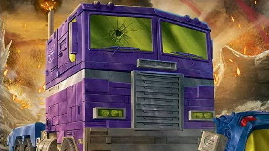 MTG The Brothers War artwork of optimus prime in truck form, with the Shattered Glass card style