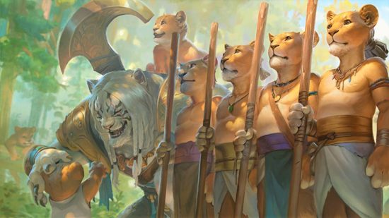 MTG tournament - artwork from mtg card collected company, with several lion people warriors, including planeswalker ajani