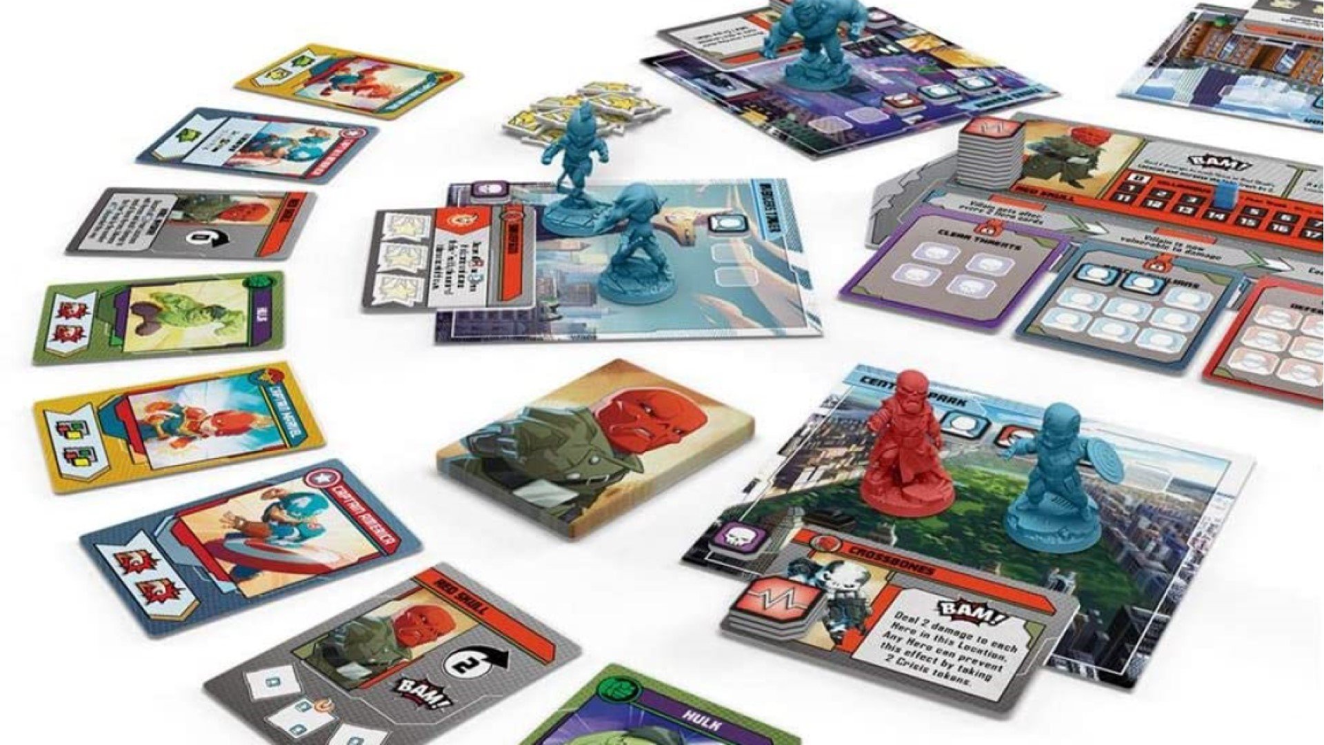 marvel board games - the cards and player pieces from marvel united