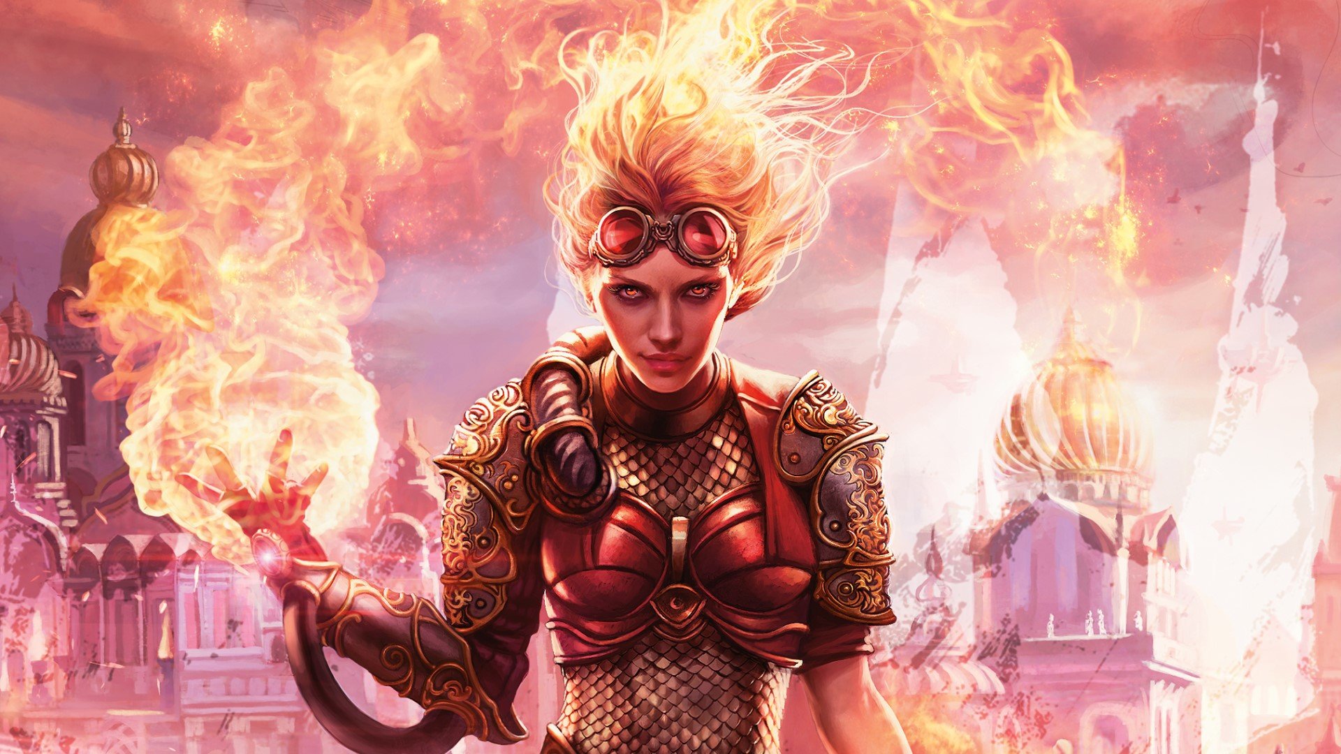 MTG colors - Wizards of the Coast art of Chandra, a planeswalker with flaming hair