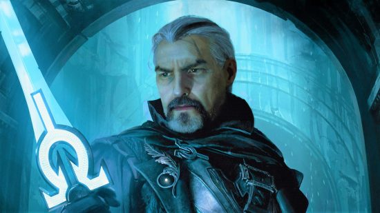 MTG equipment - Wizards of the Coast art of a grey-haired man holding a glowing sword