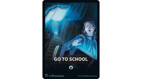 MTG Jumpstart 2022 theme spoilers - Wizards of the Coast 'go to school' theme art showing a woman scared of a floating book