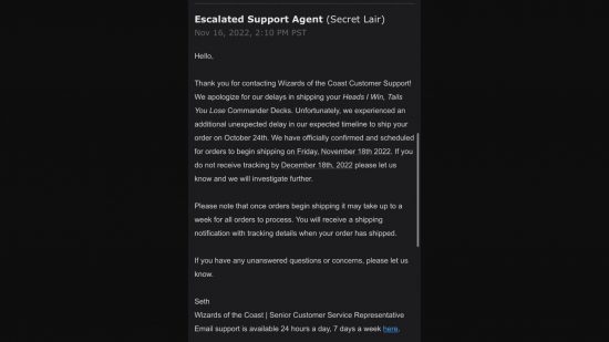 MTG Secret Lair ships after one yaer - Wizards customer support email shared on Reddit