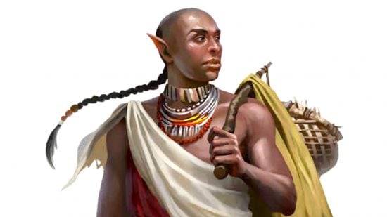 Pathfinder races and ancestries guide - Paizo artwork showing a character from the Half Elf race wearing a white sash and large necklace, carrying a pack
