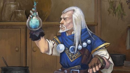 Paizo art of a human, one of the core Pathfinder races, examining a potion
