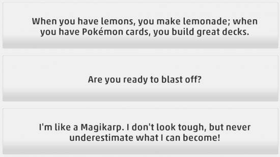 Pokemon TCG Live beta catchphrase memes - screenshot of catchphrases from PTCGL