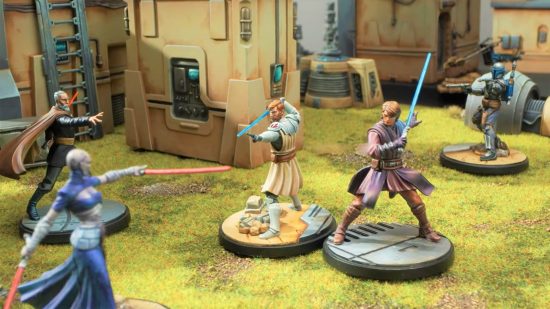 Star Wars Shatterpoint - a miniatures tabletop game -Obi Wan and Anakin facing Count Dooku