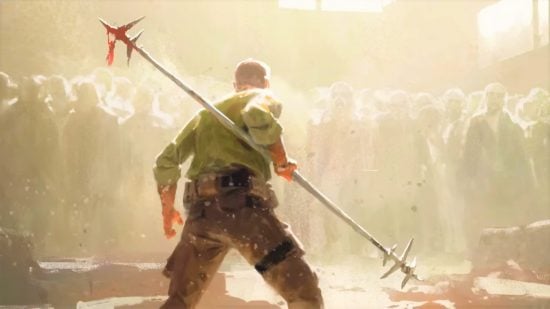 The Walking Dead RPG - a man carrying a big spiked pole preparing to battle a horde of zombies.