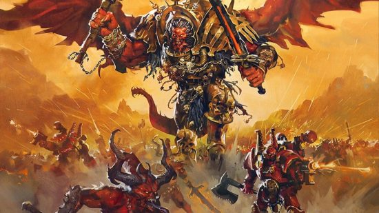 Warhammer 40k Angron - Games Workshop image showing the daemon prince Angron in battle with his World Eater berzerkers of Khorne