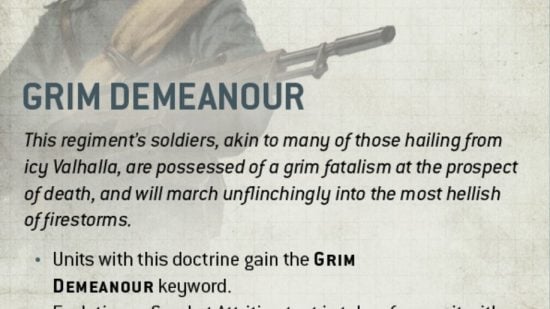 Warhammer 40k astra militarum army guide - Games Workshop image showing the rules for the Grim Demeanour Regimental Doctrine